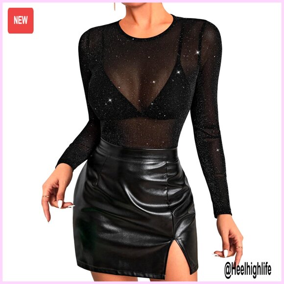 Tops - Long Sleeve Sheer Glitter Mesh Top Women's Blouse Clubwear